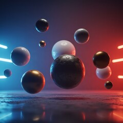 Poster - Neon Sphere Art: An artful collection of floating spheres in a neon-lit environment, embodying themes of innovation and the digital age.