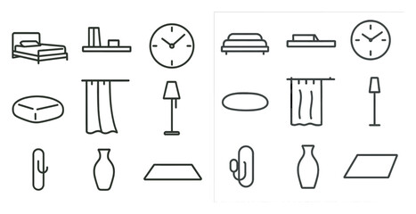 Poster - Collection of furniture and home decor items, including a bed, clock, lamp, vase, and pillow
