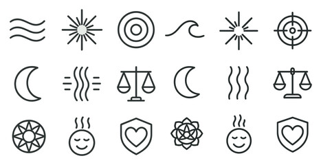 Poster - Collection of symbols and icons, including a heart, a diamond, a sun, a moon, a star, a scale, a compass, a wave, and a shield