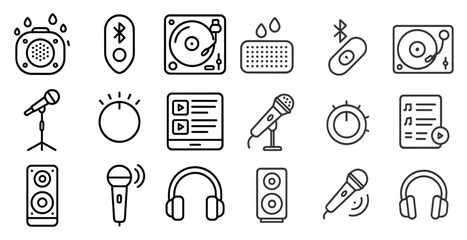 Poster - Collection of music icons and equipment. The icons include a microphone, a speaker, a CD player, a radio, and a music player. Scene is that of a music lover's collection of equipment and devices