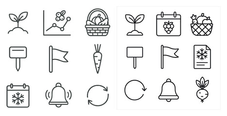 Poster - Collection of icons for a calendar, including a bell, a carrot, and a basket of fruit. The icons are arranged in a grid, with some overlapping and others standing alone