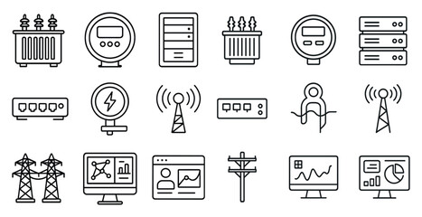 Poster - Collection of icons for various electronic devices and equipment. The icons include a computer monitor, a keyboard, a mouse, a cell phone, a television, a power strip, a router, a modem
