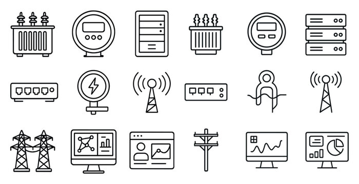 Collection of icons for various electronic devices and equipment. The icons include a computer monitor, a keyboard, a mouse, a cell phone, a television, a power strip, a router, a modem