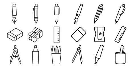 Poster - Set of pencils, pens, and other writing implements. The pencils are lined up in a row, with some of them being sharpened. The pens are scattered throughout the image