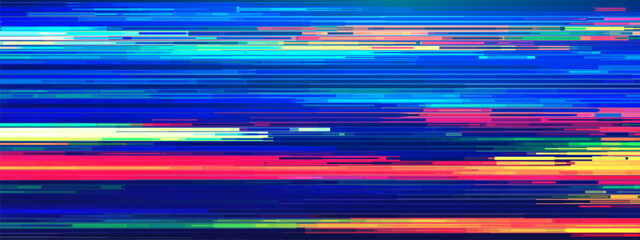 Poster - Gamer glitch background with pixel cyberpunk effects and digital screen distortion. Abstract blue noise patterns and static overlays for video game art. Retrowave light effects with geometric shapes.