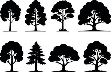 Poster - Seamless Pattern of Black Tree Silhouettes on a White Background Featuring Various Shapes and Sizes of Deciduous and Evergreen Trees in a Row