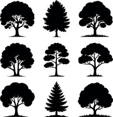 Poster - Collection of Nine Tree Silhouettes in Various Shapes and Sizes Including Deciduous and Coniferous Trees Isolated on a White Background for Design Elements