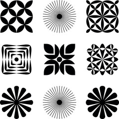Poster - Monochrome Geometric Pattern Set with Floral and Radial Designs for Backgrounds Textiles and Decorative Elements in a Modern Style