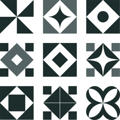 Poster - Collection of Nine Geometric Tile Designs in Shades of Gray Featuring Squares Triangles Circles and Star Shapes on a White Background