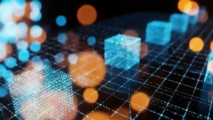 Poster - Abstract cubes and spheres on a grid background dark
