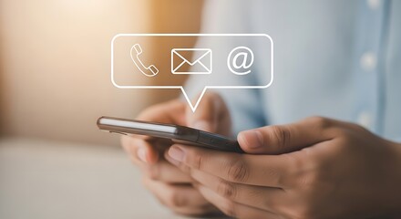 Poster - Person holding a smartphone with contact icons displayed in a speech bubble above the phone