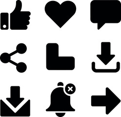 Fototapete - Set of Social Media and User Interface Icons in Black Silhouette Style on White Background for Web Design