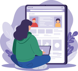 Poster - Woman browsing social media on tablet device with green hoodie and purple background vector illustration 