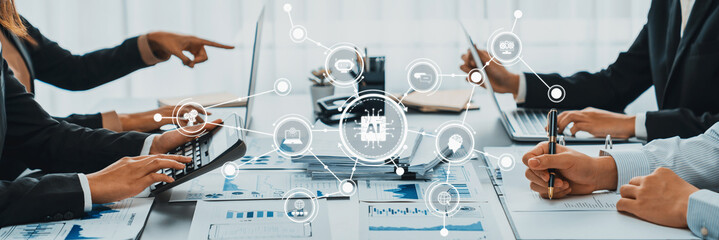 Poster - Business intelligence and data analysis concept. Team of analyst working on financial data analysis dashboard on paper as marketing indication for business strategic planning. Insight Amity
