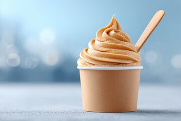 Poster - close-up of eco spoon stirring salted caramel gelato in paper cup