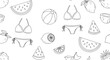 © KMB - Summer themed outline pattern with watermelon slices citrus fruits bikini and beach ball.