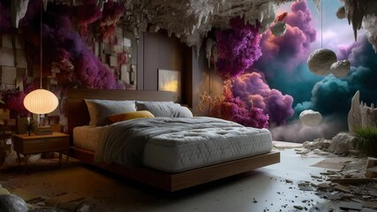 Poster - A fantastic bedroom with a wooden bed covered with a light blanket and pillows, located in a cave with colorful clouds, stalactites and floating stones