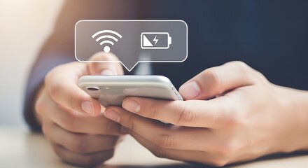 Poster - Person holding smartphone with wifi and low battery icon in a speech bubble overlaying the screen