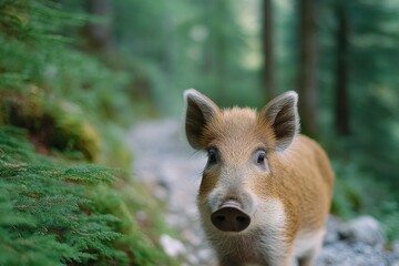 Poster - close-up of wild boar foraging near forest trail snout nudging through leaves