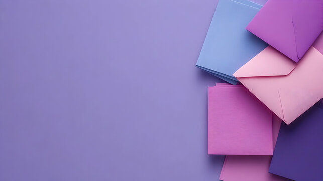 A vibrant and colorful 3D rendering of many floating envelopes against a blue, purple, and pink background