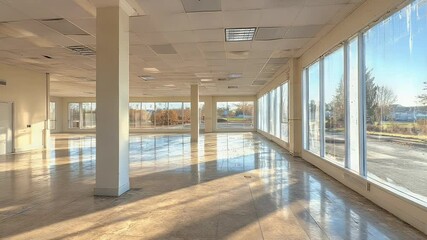 Poster - Empty Commercial Space: Sunlight, Reflections, and Architectural Details
