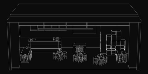 Poster - A cozy cafe with black and white sketch-style tables and chairs, set against a dark background. The drawing features clean lines and a minimalist aesthetic.