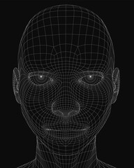 Poster - A 3D wireframe of a man's head features a detailed grid pattern, creating a realistic facial structure on a black background. The intricate mesh design highlights contours and depth with precision.