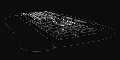 Poster - Black computer keyboard with white keys stands out against a dark background, featuring a standard QWERTY layout. A sleek black mouse complements the setup with its ergonomic curved design.