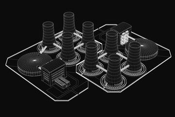 Poster - a detailed 3d model of a nuclear power plant features towers, chimneys, and industrial structures on