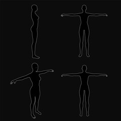 Poster - Four white silhouettes of a woman with outstretched arms stand against a black background. The realistic figures create a striking contrast, emphasizing movement and grace.