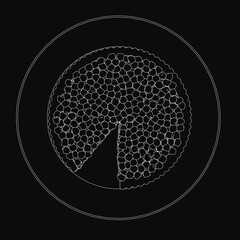 Poster - A detailed black and white line drawing of a pie on a plate with intricate sketch-like details, including swirls, dots, and precise shading. The minimalist design contrasts sharply against the dark.