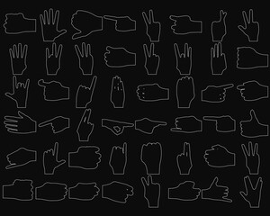 Poster - A set of hand gestures on a black background includes thumbs up, peace sign, stop, and thumbs down. Each hand is outlined in white for contrast. The minimalist design highlights various shapes.