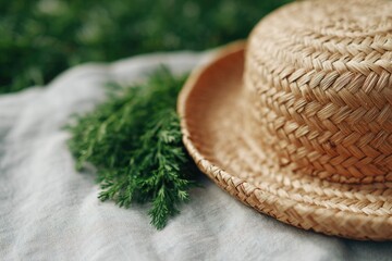 Poster - flat-lay of botanical herb bundle woven basket and sunhat on field grass patch