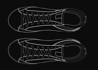 Aufkleber - Black and white sneakers sketched in detail on a solid black background. The laces and sole are clearly visible, creating a striking contrast. The minimalist design highlights the shoe's structure.