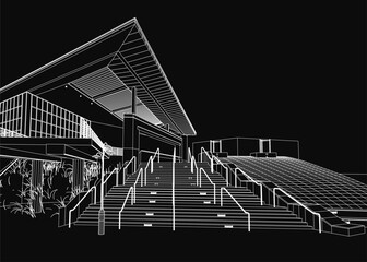 Aufkleber - A grand staircase leads to an elegant building in a detailed black and white drawing. Lush plants frame the scene against a dark background. The architectural sketch highlights intricate details.