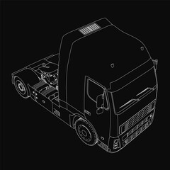 Poster - A black and white 3D model of a semi truck stands out against a dark background. Detailed headlights, grille, and wheels highlight the truck's realistic design. The illustration has a sleek.
