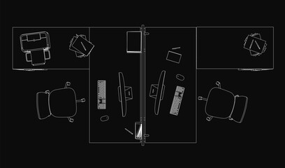 Poster - A black and white floor plan depicts a workplace with a desk, chairs, computer, and keyboard arranged neatly. The dark background adds a mysterious yet organized atmosphere to the room.