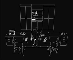 Poster - A black and white drawing of an office desk with two chairs, a monitor, keyboard, and scattered papers. The workspace includes a cupboard in the background and a mouse on the table.