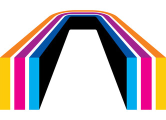 Fototapete - Abstract 3d pattern of colored yellow, blue and purple parallel lines on a white background. Vector striped background in retro style. Colorful design element. Vector arc, Three-dimensional shape