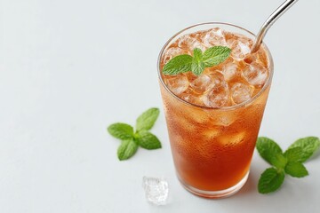 Poster - flat-lay of iced coffee mint sprigs metal straw and iced cubes on white deck