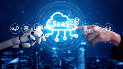 Poster - Visual representation of SaaS showing infrastructure, SaaS deployment, SaaS platform features, and SaaS integration model in digital environment. Muxer