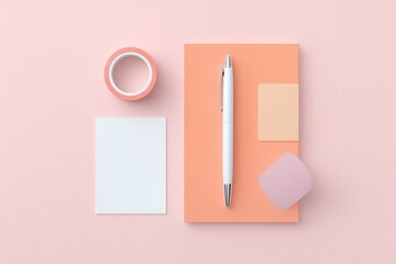 Poster - flat-lay of stationery spread poster print branding stickers pen and washi tape on pastel backdrop