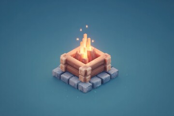 Poster - isometric campfire with glowing embers and log structure