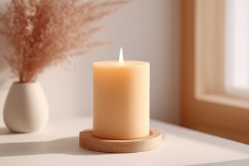 Poster - lit candle beside framed photo on small table in remembrance