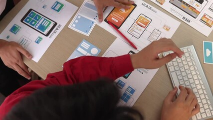 Poster - Top view panorama video of startup company employee planning on user interface prototype for mobile application or website in office. UX UI designer brainstorm user friendly interface plan. Synergic