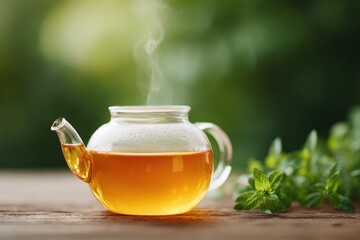 Poster - person stirring herbal decoction in glass teapot on wooden table