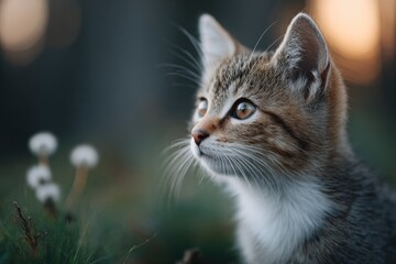 Poster - portrait of kitten playing with dandelion by forest edge at dawn light