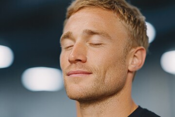 Poster - portrait of male athlete engaging in guided breathing exercise post-row eyes closed in gym