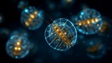 Bioluminescent copepods releasing short light bursts open ocean spherical glowing effect in pitch black water microscopic glowing crustaceans in macro visualization