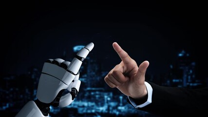 Poster - Futuristic robot artificial intelligence enlightening AI technology development and machine learning concept. Global robotic bionic science research for future of human life. 3D rendering graphic.
